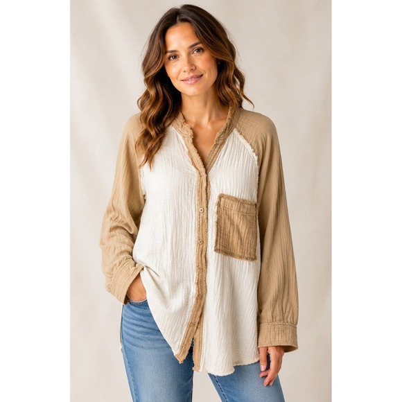 aerie Tops - Aerie Gauzy Coverup Shirt Women XS Tan Ivory Colorblock Cotton Oversized